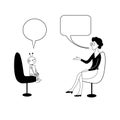 Robot and woman are talking. Vector black outline image.