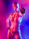 Robot woman. White metal droid. Artificial Intelligence