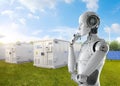 Robot work with energy storage system and solar panel Royalty Free Stock Photo