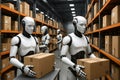 Robot worker processing a package in modern automated warehouse. AI technology in logistics and distribution for efficiency Royalty Free Stock Photo