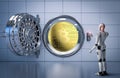 Robot working with bitcoin and bank vault