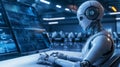 Robot working on computer screen with complex data in futuristic lab Royalty Free Stock Photo