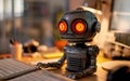 Robot working on computer, copy space, blur. AI centered world concept. Automation, robotics, machine learning, artificial Royalty Free Stock Photo