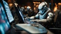 Robot working on a computer in a dark space. Programmer AI robot computer hacking, internet digital technology data cyber security Royalty Free Stock Photo