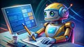 A robot is working on a computer, writing code and testing software for artificial intelligence Royalty Free Stock Photo