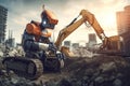 The robot working on the construction site. 3d rendering. toned image, Futuristic AI robot handyman working on a construct, AI