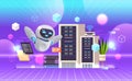 robot working in data center room hosting server computer monitoring information database artificial intelligence Royalty Free Stock Photo