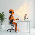 Robot working at desk using laptop in modern office with digital messages displayed on wall, technology, innovation