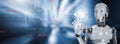 Robot working with digital display Internet connection controlled by AI robot humanoid,Code html Royalty Free Stock Photo