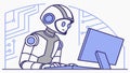 Robot working on a futuristic computer, artificial intelligence, vector design Generative AI Royalty Free Stock Photo