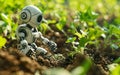 Robot working in the garden, weeding plants. AI centered world concept. Neural networks, deep learning, tech savvy, augmented