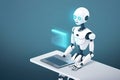 Robot working on laptop computer. Generative AI Royalty Free Stock Photo