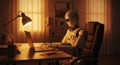 Robot working on laptop at desk with artificial intelligence Royalty Free Stock Photo