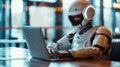 A robot working on a laptop, Futuristic assistant, Future technologies idea
