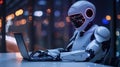 A robot working on a laptop, Futuristic assistant, Future technologies idea