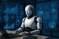 Robot working on a laptop with holographic data visualizations and charts in an office setting Keywords: robot, android, AI, Royalty Free Stock Photo