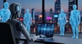 Robot working on laptop with holographic humans in modern cityscape at night Royalty Free Stock Photo