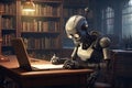 Robot working in a library. 3D rendering, Robot author writing on a notepad in an old library, AI Generated