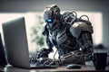 Robot working in the office at the computer. Big data center. Robot ChatGPT Royalty Free Stock Photo