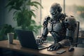 Robot working in the office at the computer. Big data center. Robot ChatGPT. Royalty Free Stock Photo