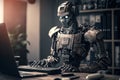 Robot working in the office at the computer. Big data center. Robot ChatGPT Royalty Free Stock Photo