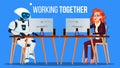 Robot Working In The Office At Computer Desk Together With People Vector. Isolated Illustration