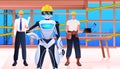 robot and workmen engineers in hardhats standing on construction site artificial intelligence technology concept