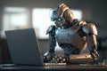 The robot works behind a laptop. Generative AI