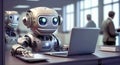 Robot works behind laptops on blurred office with people background.Robot work with people.team of people and robots. ai