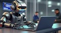 Robot works behind laptops on office with people background.Robot work with people.Mixed team of people and robots