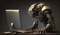 the robot works at the computer.Generative AI Royalty Free Stock Photo