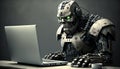the robot works at the computer.Generative AI Royalty Free Stock Photo