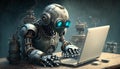 the robot works at the computer.Generative AI Royalty Free Stock Photo