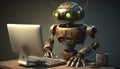 the robot works at the computer.Generative AI Royalty Free Stock Photo