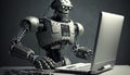 the robot works at the computer.Generative AI Royalty Free Stock Photo