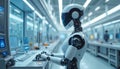 Robot works in genetics research lab. Advanced scientific equipment in clean sterile facility. Humanoid android uses computer for Royalty Free Stock Photo