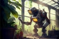 The robot works in a greenhouse, caring for plants. AI generated. Royalty Free Stock Photo