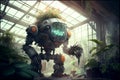 The robot works in a greenhouse, caring for plants. AI generated. Royalty Free Stock Photo