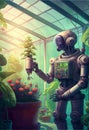 The robot works in a greenhouse, caring for plants. AI generated. Royalty Free Stock Photo