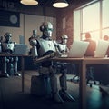 Robot works at laptop in modern office. Robots replacing humans in offices. Machines take people's jobs away