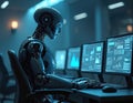 Robot works at multiple computers analyzing data. Futuristic android in office setting types on keyboard. AI technology processes Royalty Free Stock Photo