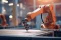 The robot works in the warehouse of factory with Ai Generated