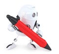 Robot writing with red pen. . Contains clipping path