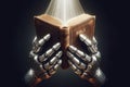 The robot's hands hold the Bible on a black background, Divine light falls on the Bible from above. Royalty Free Stock Photo