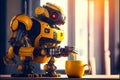 Robot, yellow homemade robot makes hot drinks, coffee machine. Royalty Free Stock Photo