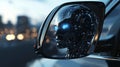Robotaxis and autonomous driving are represented by a robot in a car's side mirror. Royalty Free Stock Photo