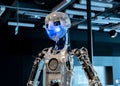 Robothespian Engineered Arts modern humanoid robot face closeup, portrait, exhibit human size entertainment robots concept, nobody Royalty Free Stock Photo