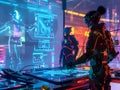 Robotic animators crafting futuristic 3D figures in a Synthwave inspired animation studio