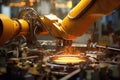 robotic arm adjusting lens elements in assembly line