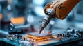 Robotic Arm Adjusting Microchip on High-Tech Circuit Board for Electronics Manufacturing Royalty Free Stock Photo